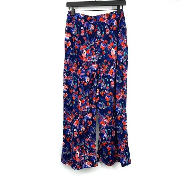Cuddl Duds Flexwear Pants Blue Floral Print Wide Leg Pull On - Picture 7 of 9